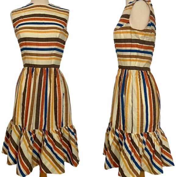 True Vintage MCM 1950s Rainbow Stripe Ruffle Midi Pin-Up Gal Sun Dress - Picture 1 of 8